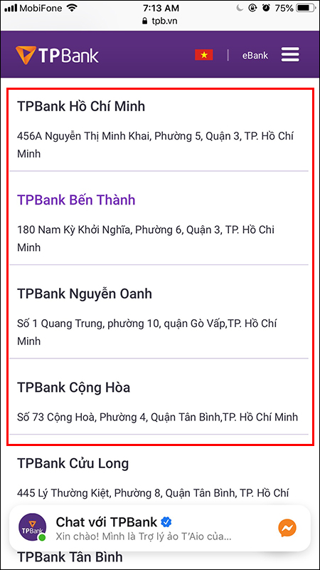 Tra cứu chi nhánh TPBank